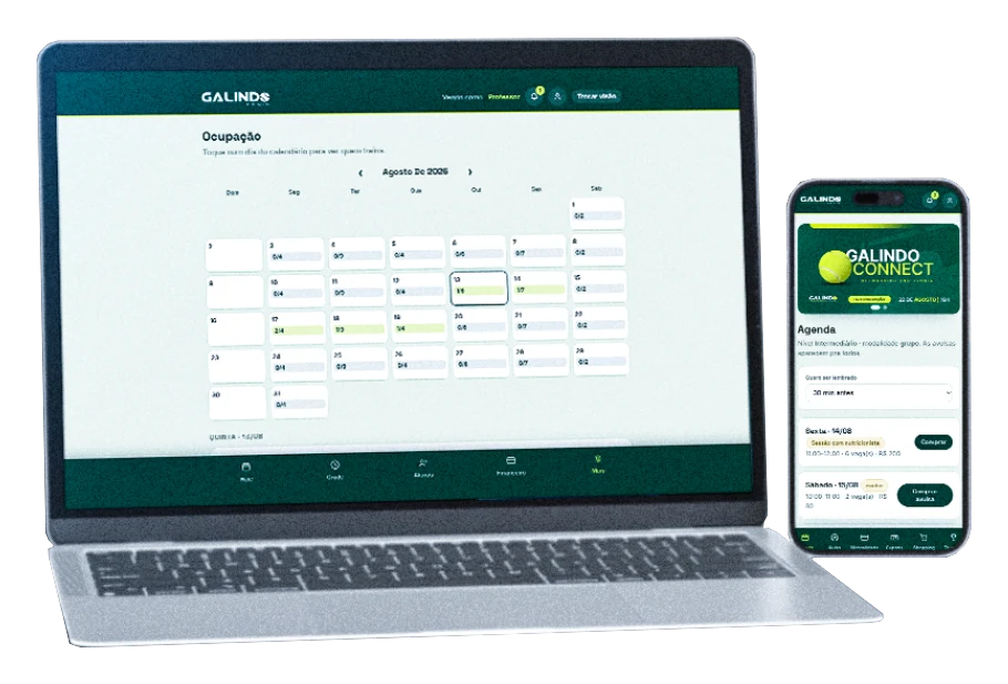 Telas do sistema Galindo Tênis — ocupação no desktop e app mobile